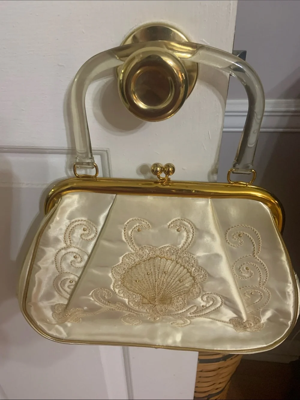 JK Miami USA 50s-60s Purse Satin Embroidered Frame with Lucite Handle